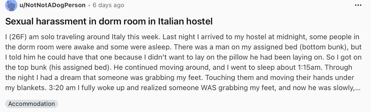 Reddit post about hostel safety incident for solo female traveler